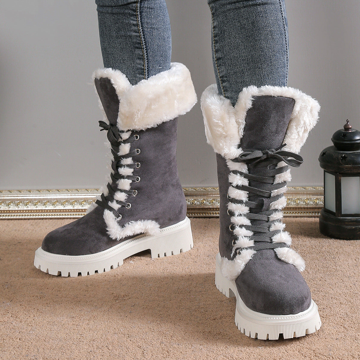 Women Solid Color Fluff Warm Snow Boots
