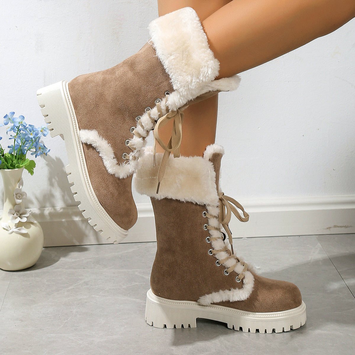 Women Solid Color Fluff Warm Snow Boots