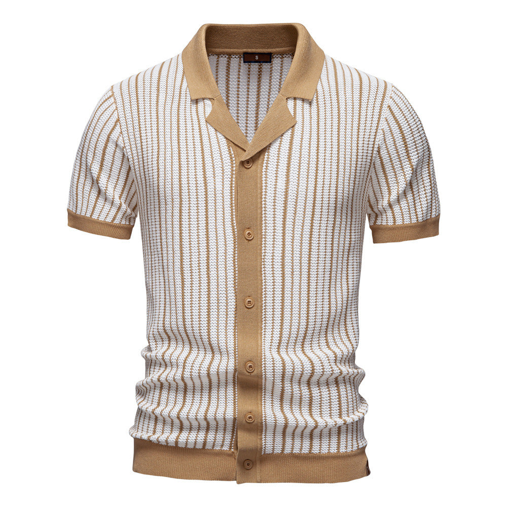 Men's Short-Sleeve Knitted Button-Up Striped Pattern and Contrast Trim Shirt