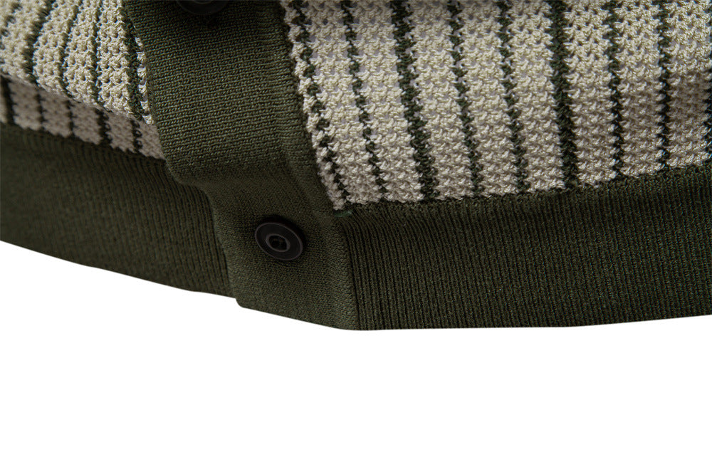 Men's Short-Sleeve Knitted Button-Up Striped Pattern and Contrast Trim Shirt