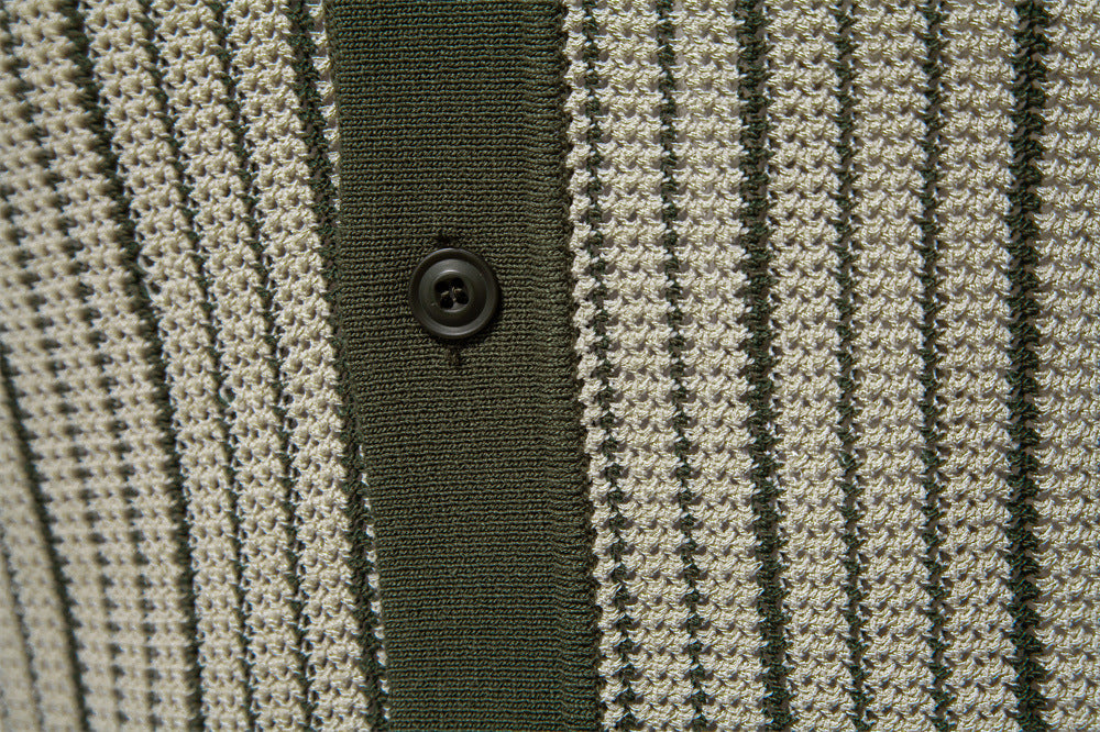 Men's Short-Sleeve Knitted Button-Up Striped Pattern and Contrast Trim Shirt
