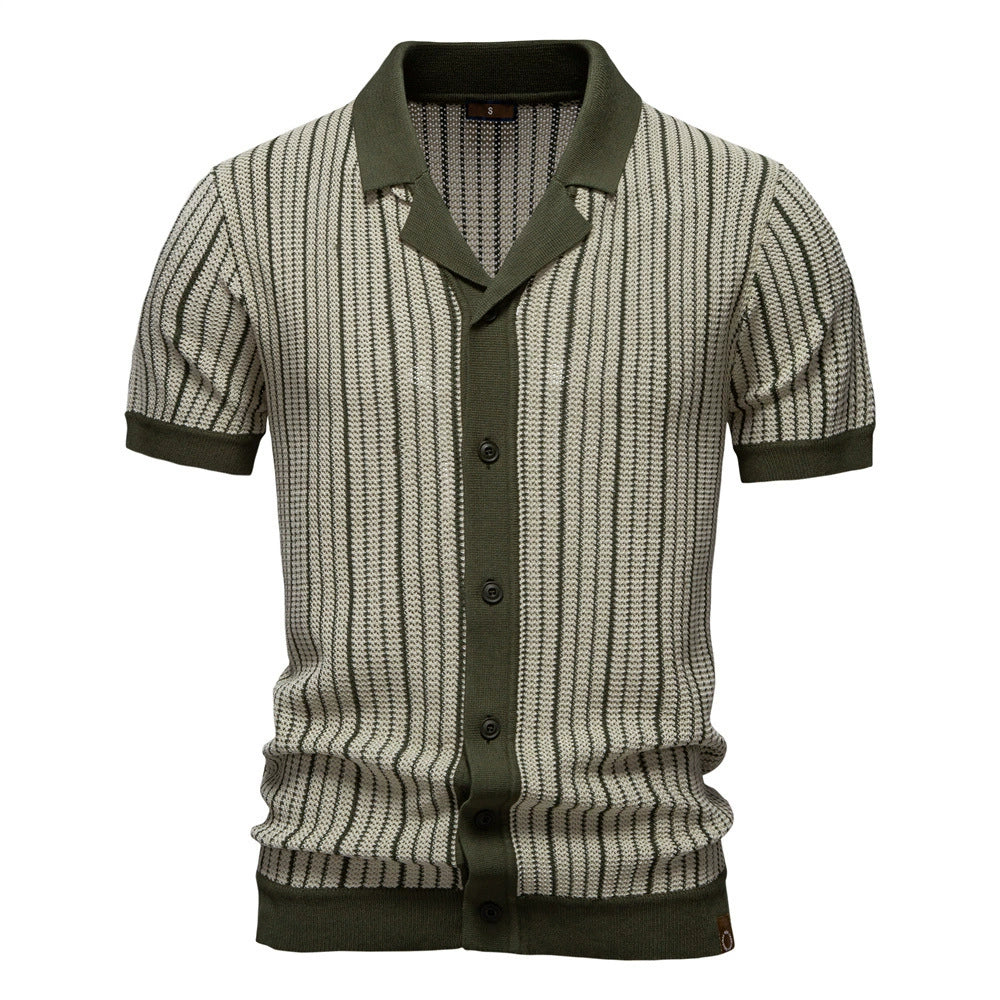 Men's Short-Sleeve Knitted Button-Up Striped Pattern and Contrast Trim Shirt
