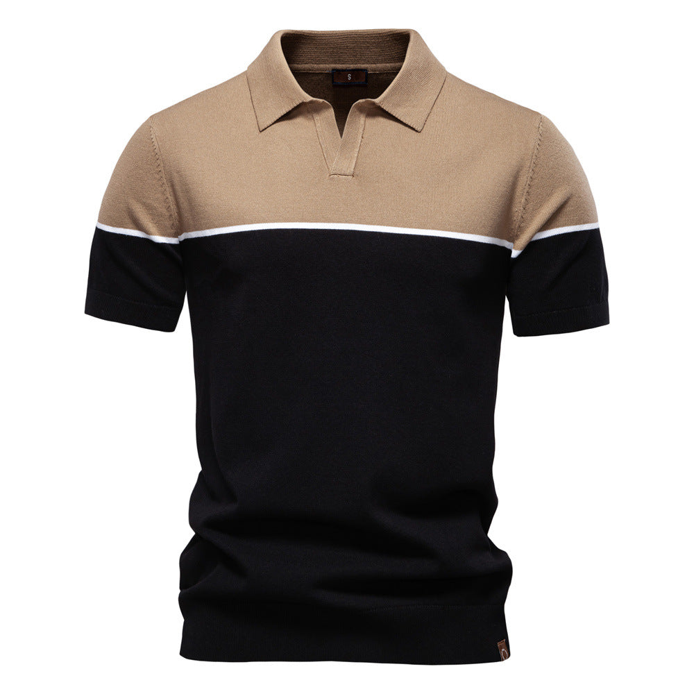 Men's Short-Sleeve Two-Tone Polo Shirt with V-Neck and Ribbed Trim