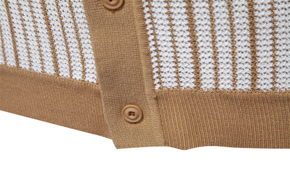 Men's Short-Sleeve Knitted Button-Up Striped Pattern and Contrast Trim Shirt