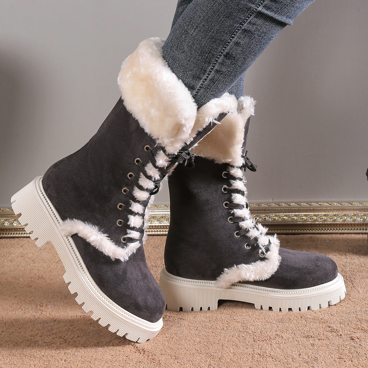 Women Solid Color Fluff Warm Snow Boots