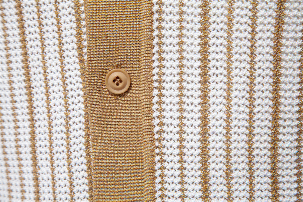 Men's Short-Sleeve Knitted Button-Up Striped Pattern and Contrast Trim Shirt