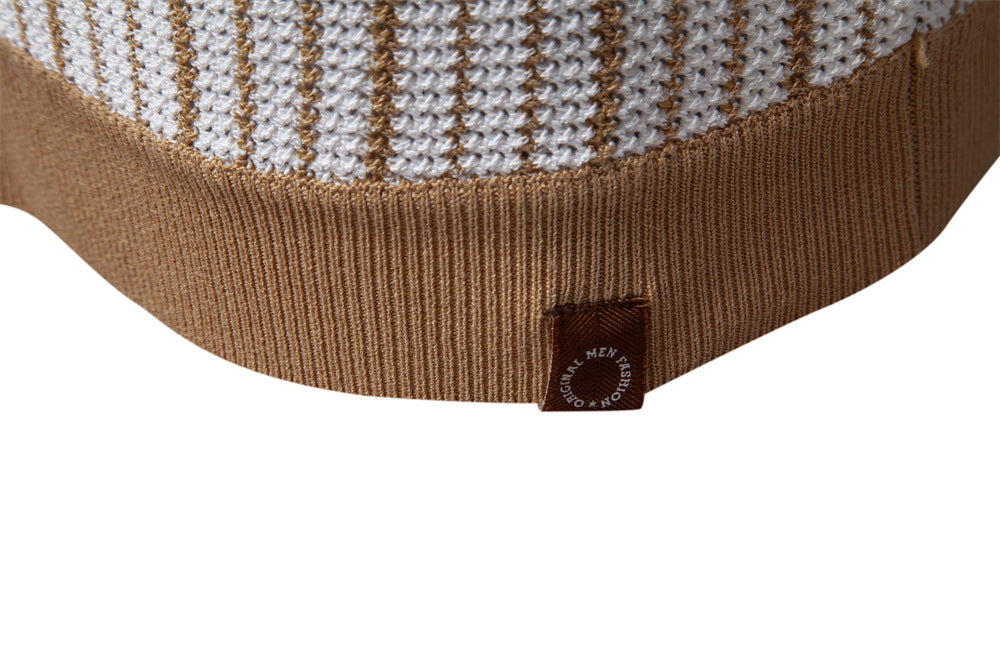 Men's Short-Sleeve Knitted Button-Up Striped Pattern and Contrast Trim Shirt