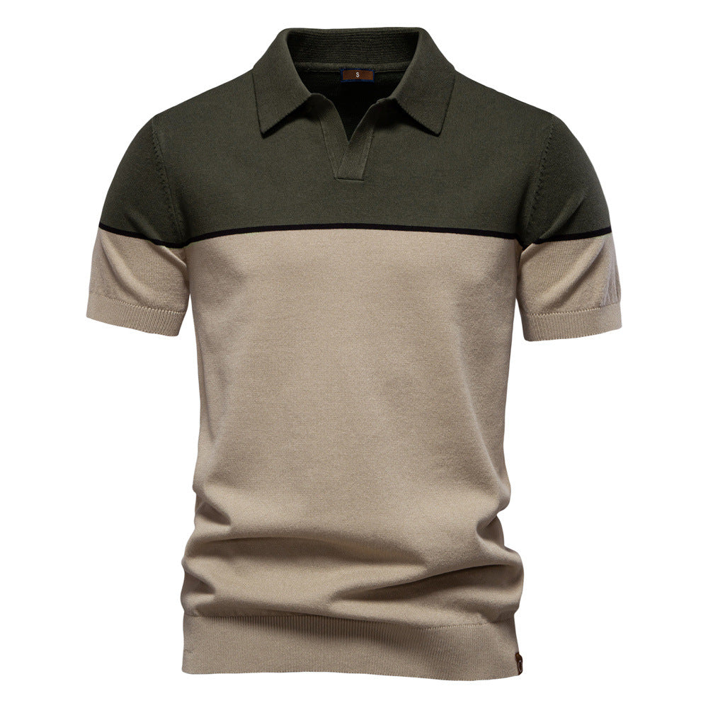 Men's Short-Sleeve Two-Tone Polo Shirt with V-Neck and Ribbed Trim