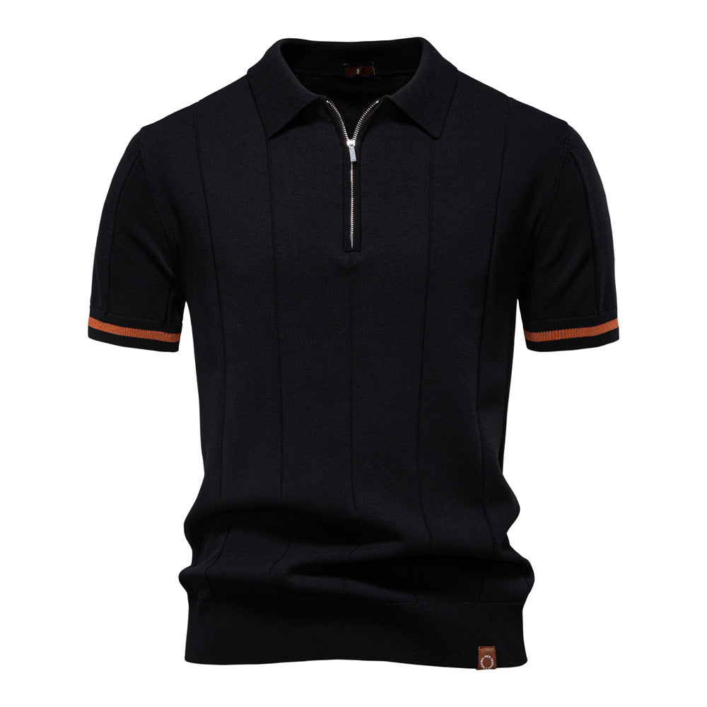 Men's Short-Sleeve Quarter-Zip Polo Shirt with Ribbed Detailing