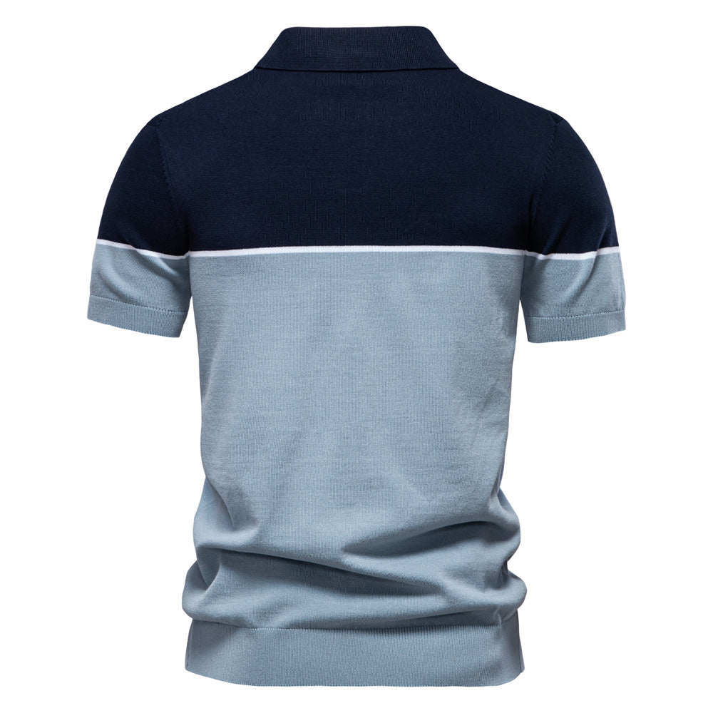Men's Short-Sleeve Two-Tone Polo Shirt with V-Neck and Ribbed Trim