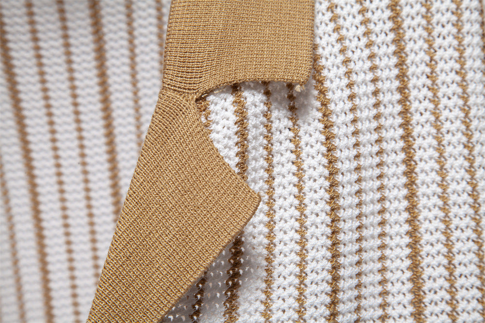 Men's Short-Sleeve Knitted Button-Up Striped Pattern and Contrast Trim Shirt