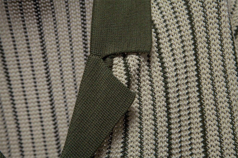 Men's Short-Sleeve Knitted Button-Up Striped Pattern and Contrast Trim Shirt