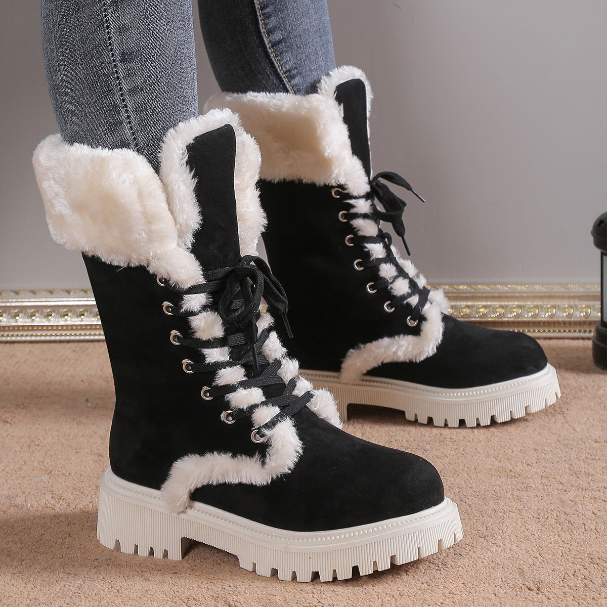 Women Solid Color Fluff Warm Snow Boots