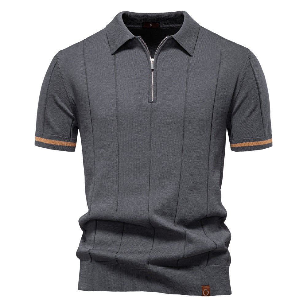 Men's Short-Sleeve Quarter-Zip Polo Shirt with Ribbed Detailing