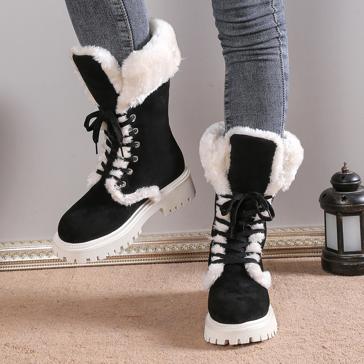 Women Solid Color Fluff Warm Snow Boots