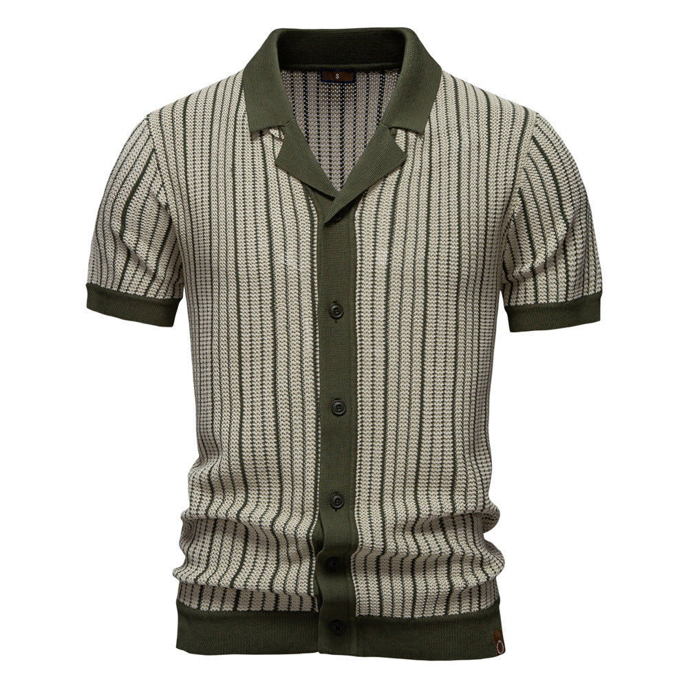 Men's Short-Sleeve Knitted Button-Up Striped Pattern and Contrast Trim Shirt