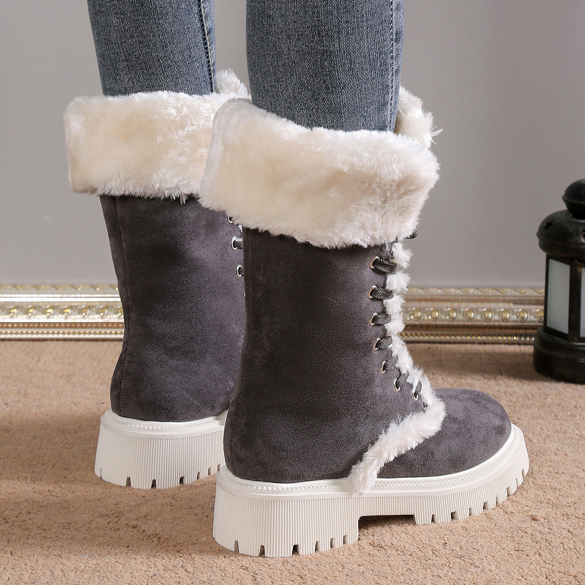Women Solid Color Fluff Warm Snow Boots