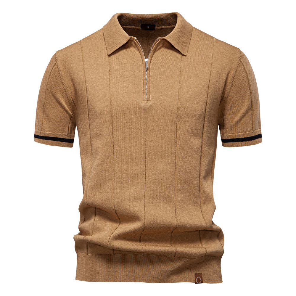 Men's Short-Sleeve Quarter-Zip Polo Shirt with Ribbed Detailing