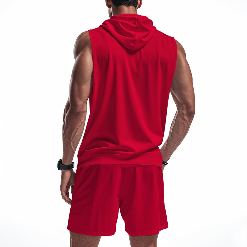 Men's Sleeveless Zipper Hoodie and Shorts Athletic Set