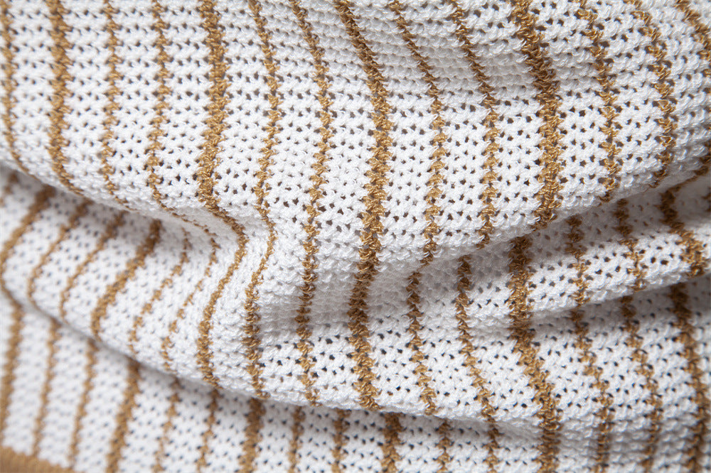 Men's Short-Sleeve Knitted Button-Up Striped Pattern and Contrast Trim Shirt