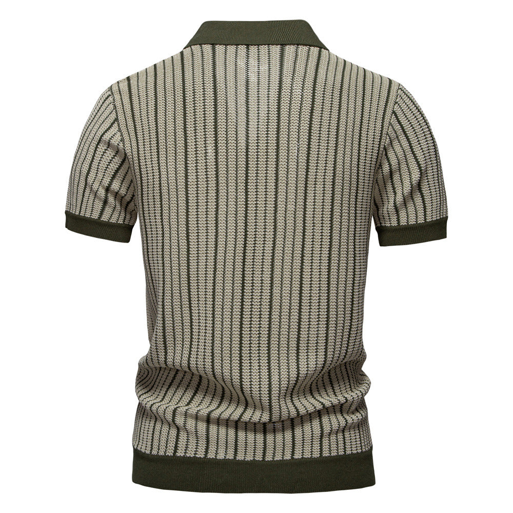 Men's Short-Sleeve Knitted Button-Up Striped Pattern and Contrast Trim Shirt