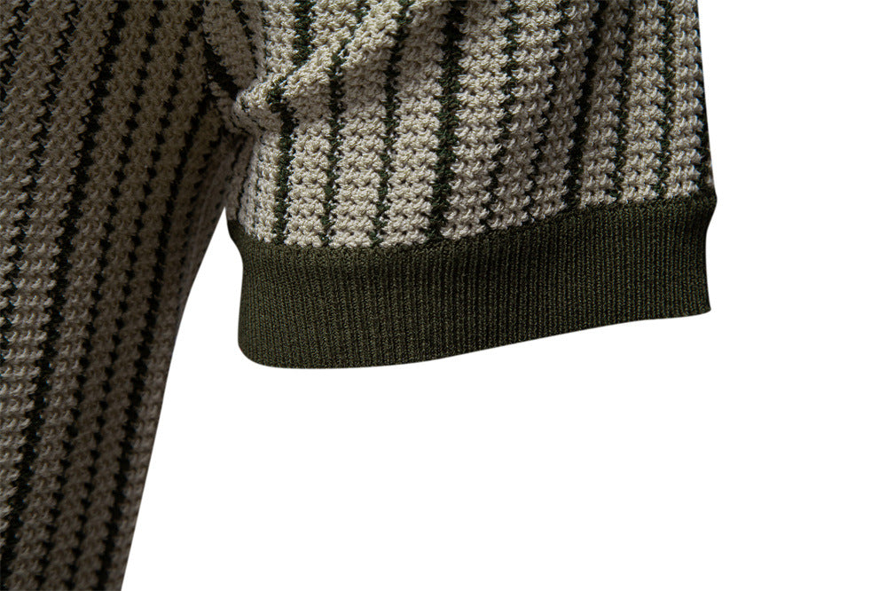 Men's Short-Sleeve Knitted Button-Up Striped Pattern and Contrast Trim Shirt
