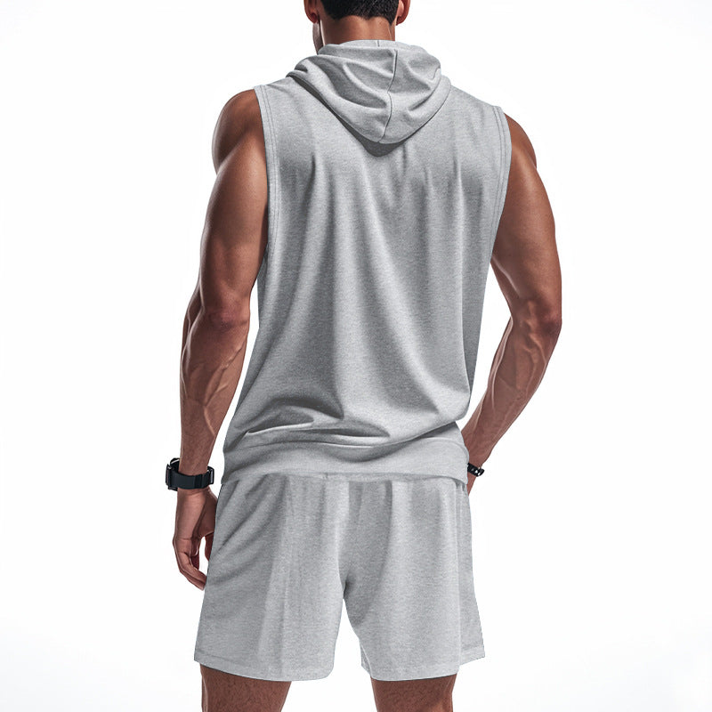 Men's Sleeveless Zipper Hoodie and Shorts Athletic Set