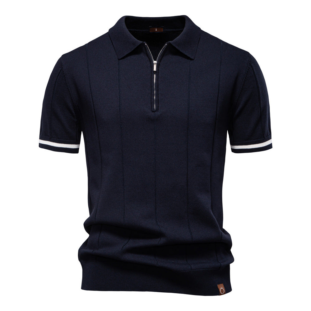 Men's Short-Sleeve Quarter-Zip Polo Shirt with Ribbed Detailing