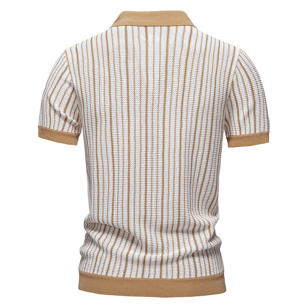 Men's Short-Sleeve Knitted Button-Up Striped Pattern and Contrast Trim Shirt