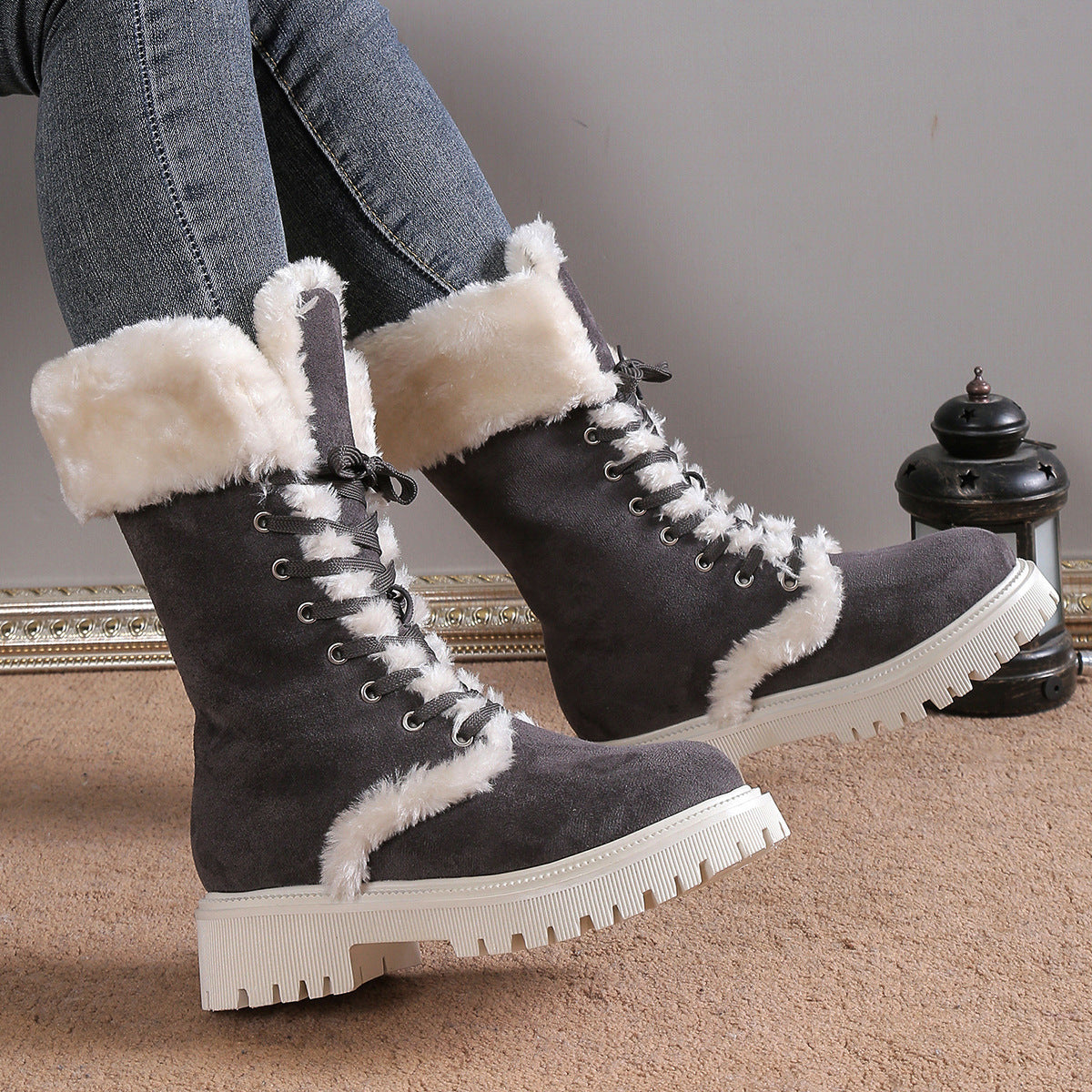 Women Solid Color Fluff Warm Snow Boots