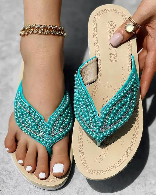 Handmade Rhinestone Beaded Leaf Pattern Summer Flip Flops