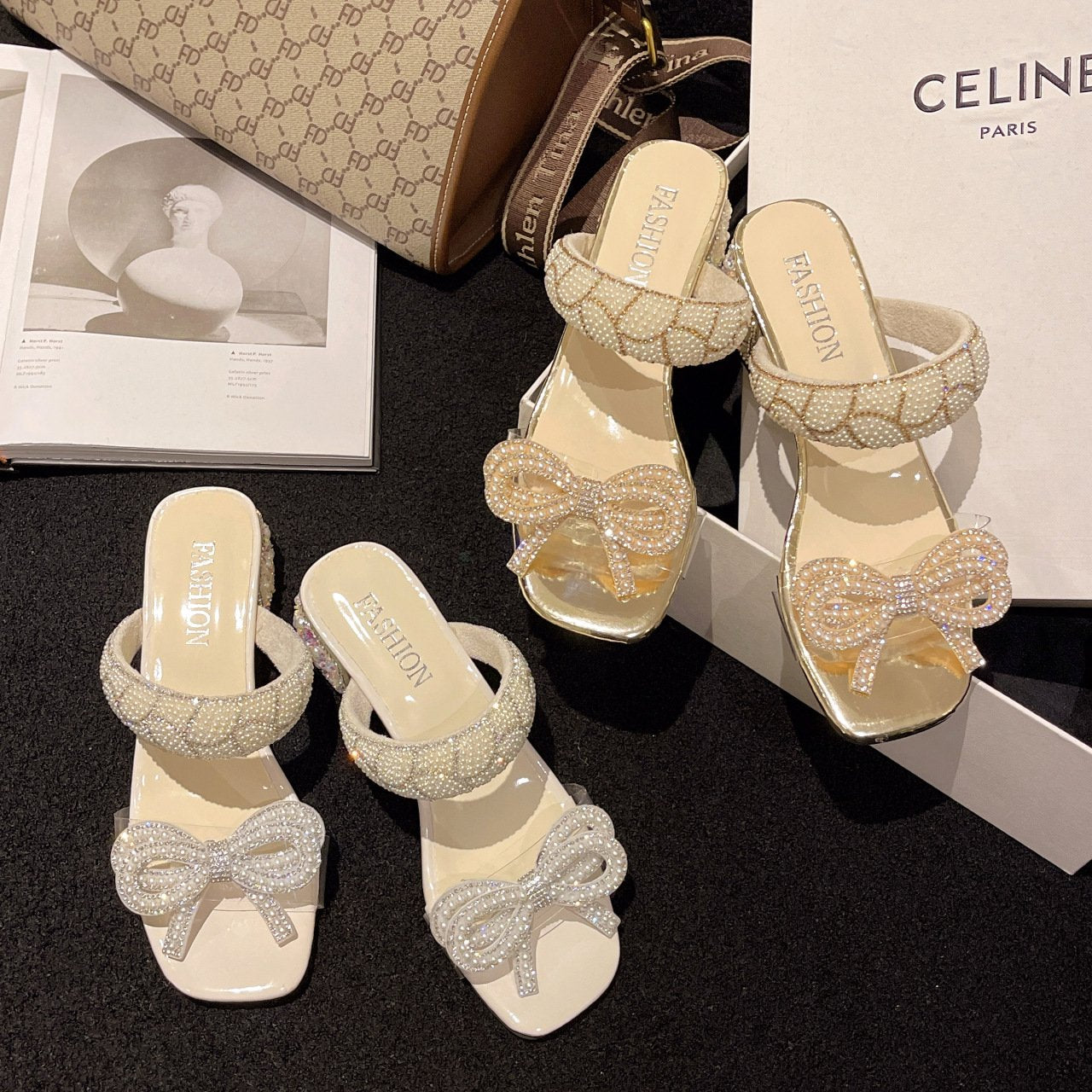 Pearls Beaded Rhinestone Bowknot Design Chunky Heel Sandals