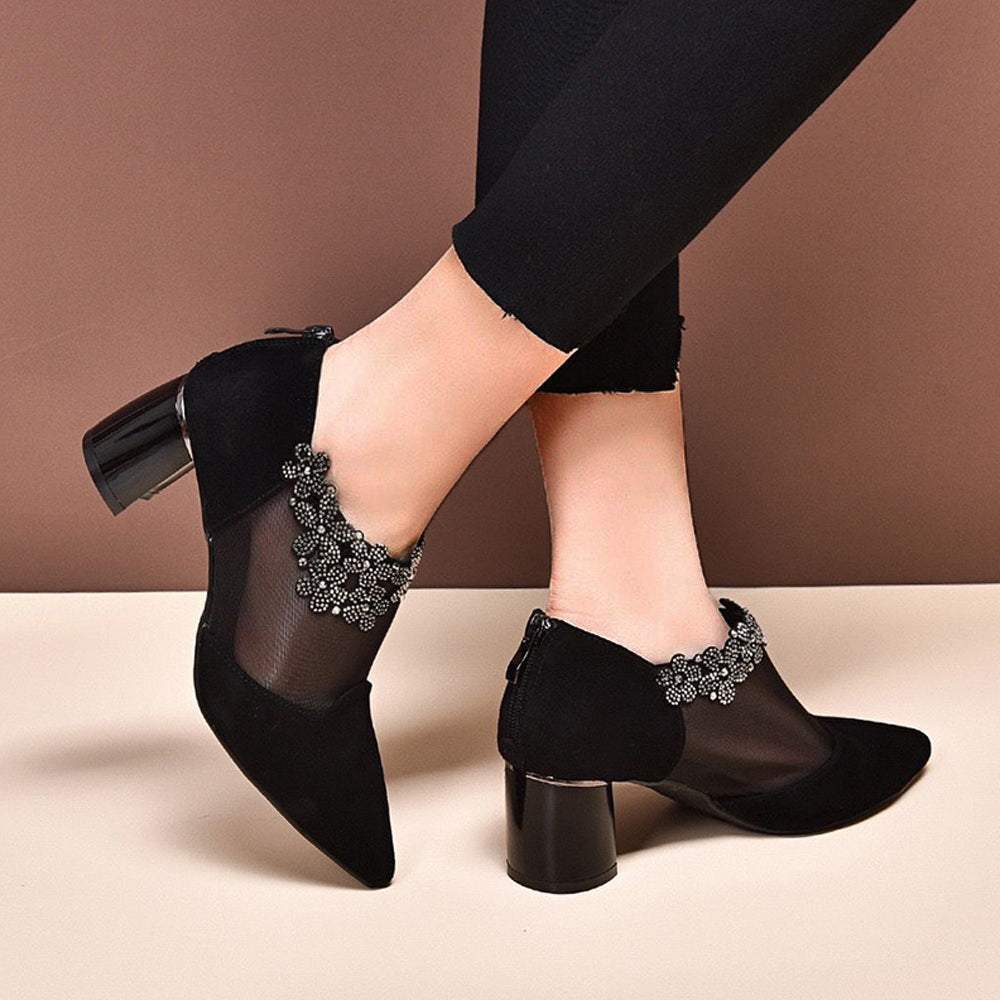 Mesh leather thick heel women's shoes
