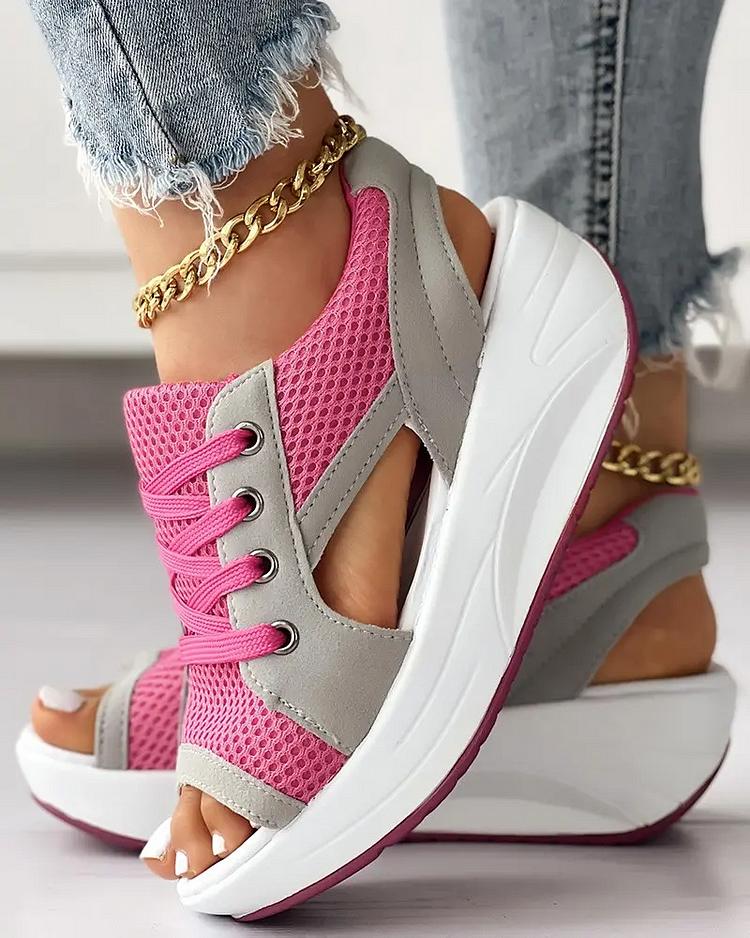 CONTRAST PANELED CUTOUT LACE-UP MUFFIN SANDALS