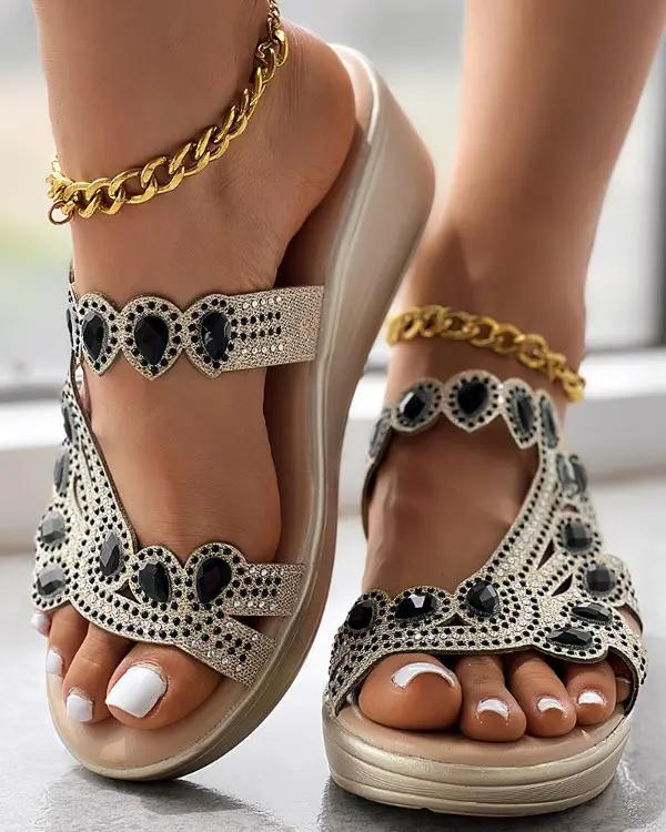 Rhinestone Gem Stone Decor Hollow Out Platform Wedge Slippers