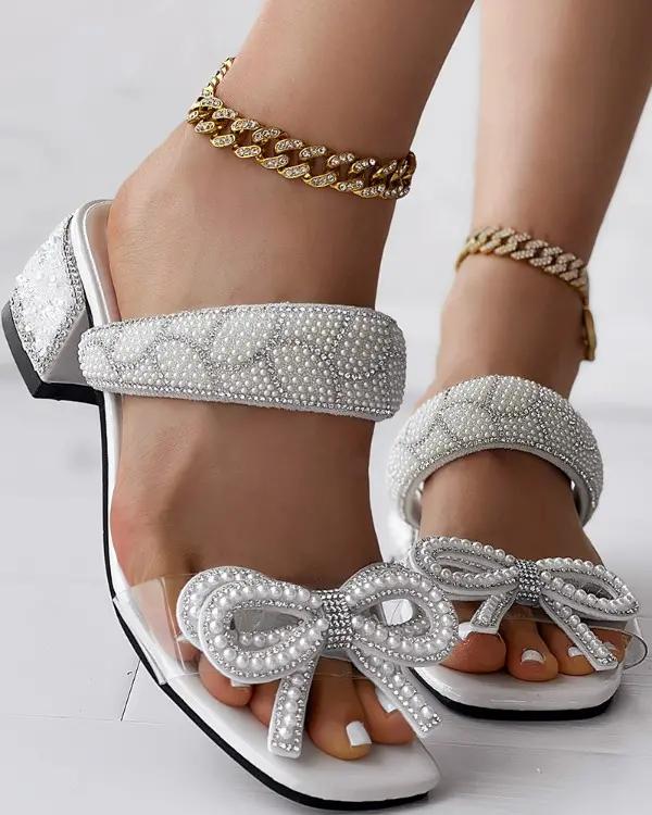 Pearls Beaded Rhinestone Bowknot Design Chunky Heel Sandals