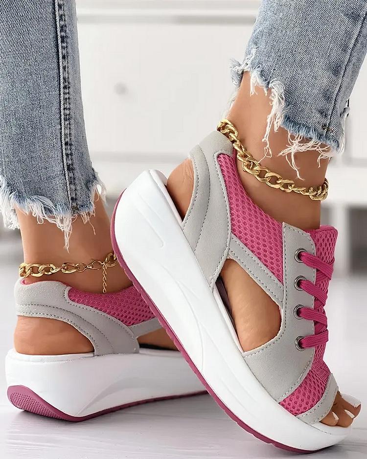 CONTRAST PANELED CUTOUT LACE-UP MUFFIN SANDALS