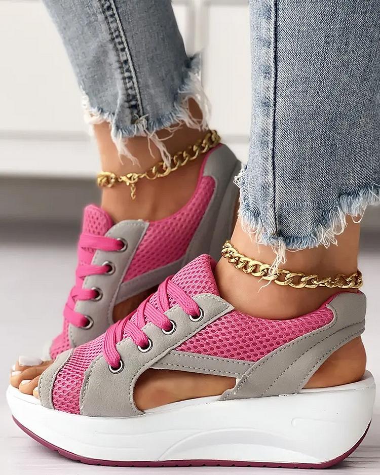 CONTRAST PANELED CUTOUT LACE-UP MUFFIN SANDALS