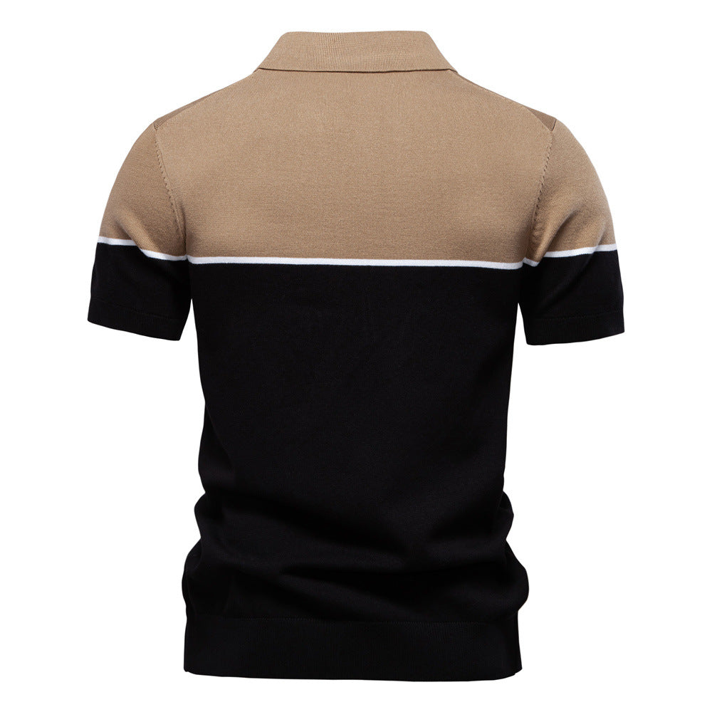 Men's Short-Sleeve Two-Tone Polo Shirt with V-Neck and Ribbed Trim