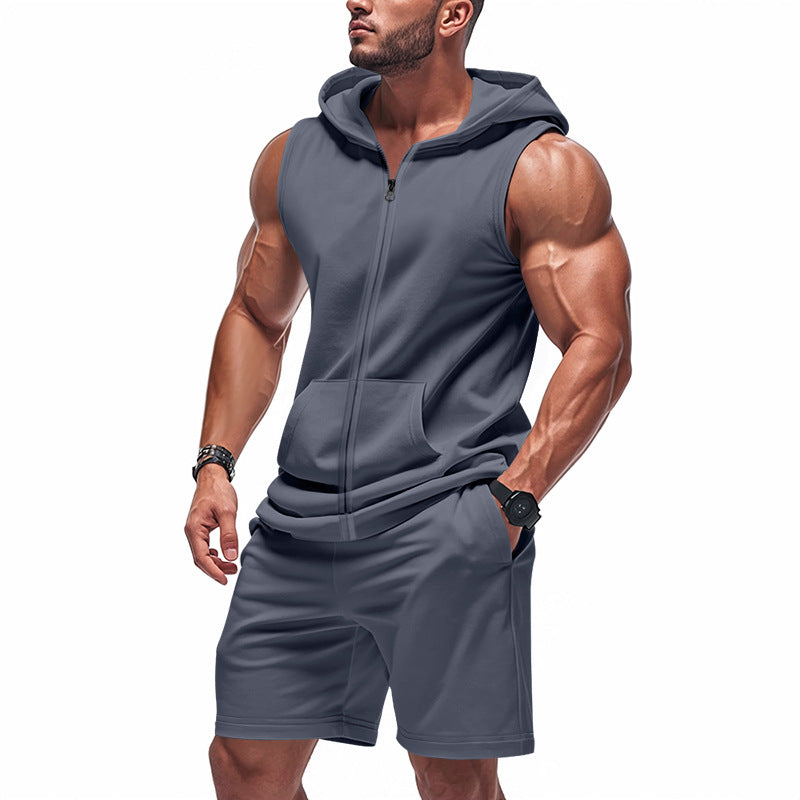 Men's Sleeveless Zipper Hoodie and Shorts Athletic Set