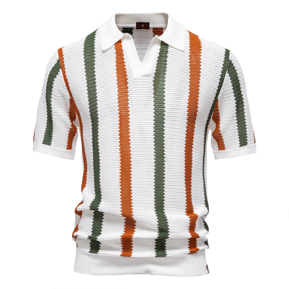 Men's Striped Knitted Polo Shirt with Collar