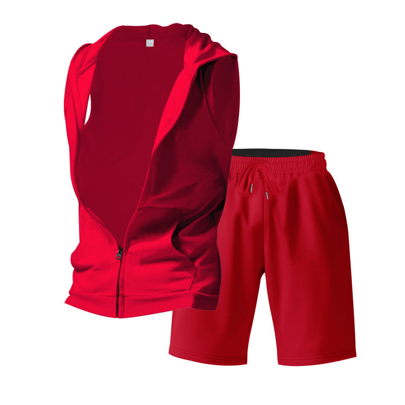 Men's Sleeveless Zipper Hoodie and Shorts Athletic Set