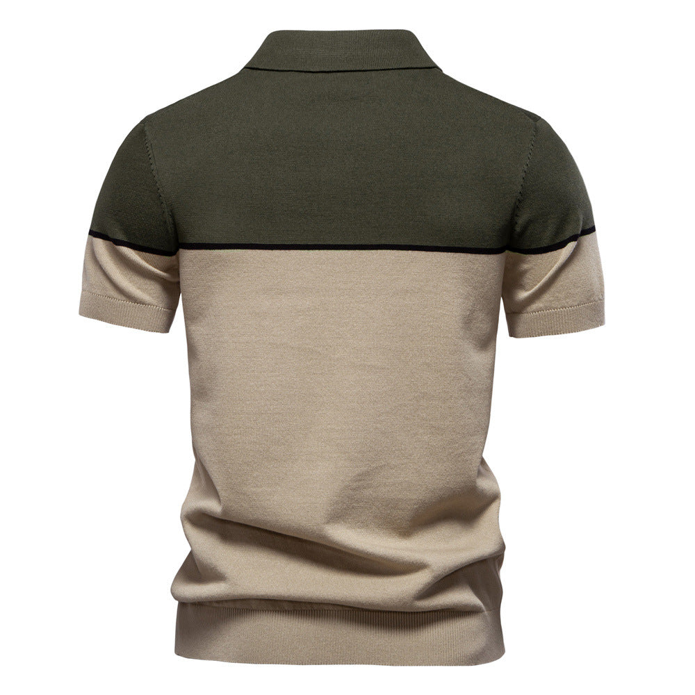 Men's Short-Sleeve Two-Tone Polo Shirt with V-Neck and Ribbed Trim