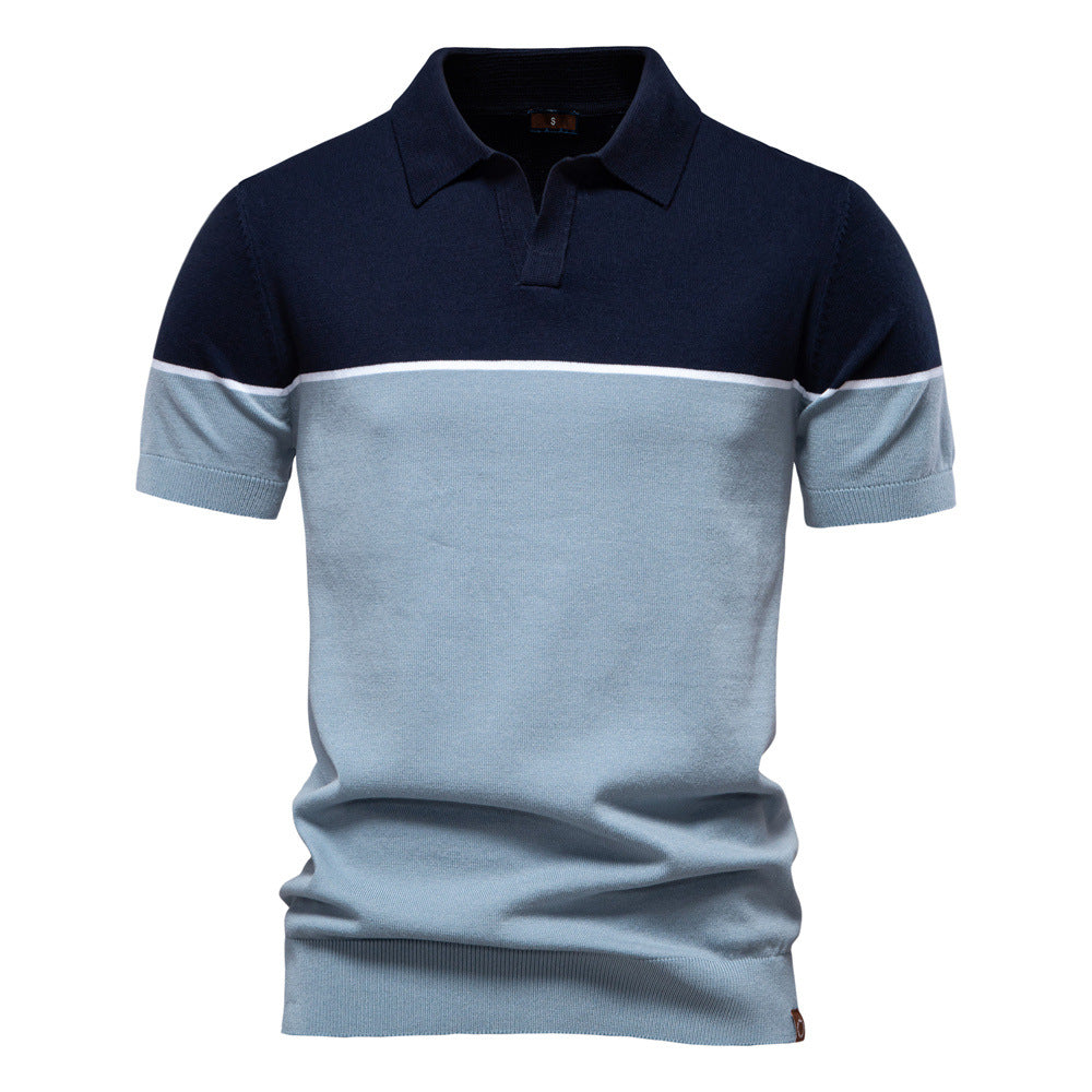 Men's Short-Sleeve Two-Tone Polo Shirt with V-Neck and Ribbed Trim