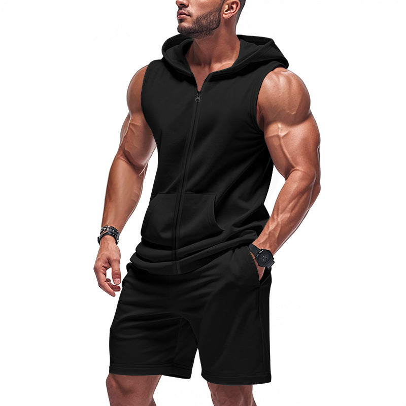 Men's Sleeveless Zipper Hoodie and Shorts Athletic Set