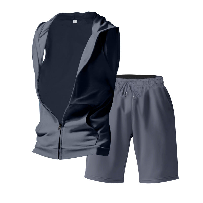 Men's Sleeveless Zipper Hoodie and Shorts Athletic Set