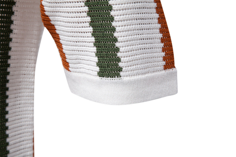 Men's Striped Knitted Polo Shirt with Collar