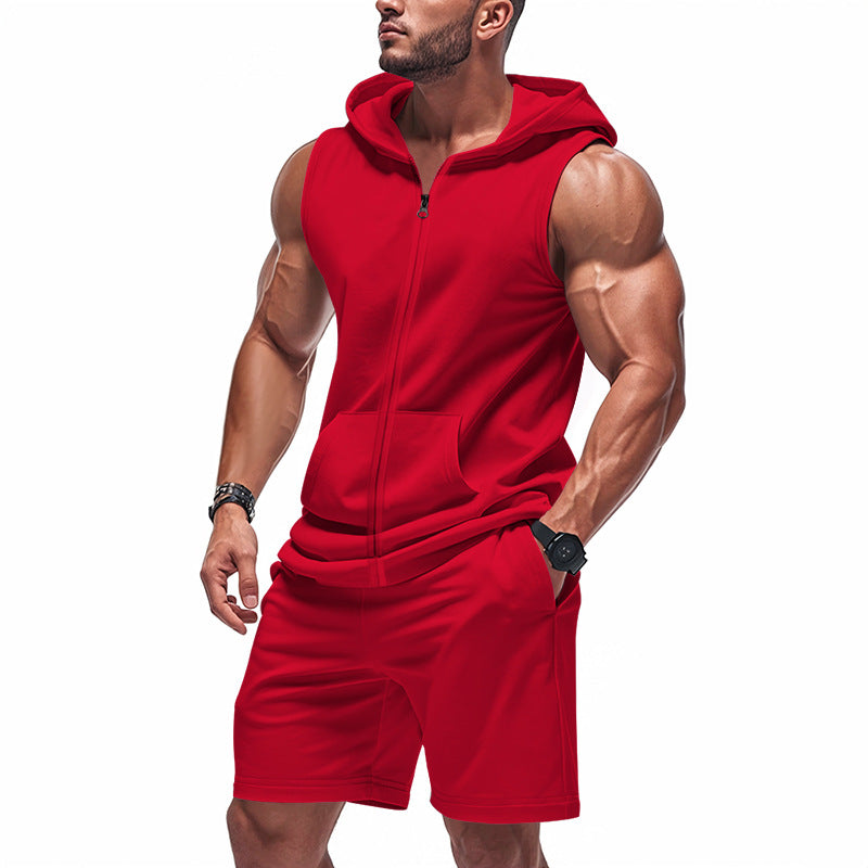 Men's Sleeveless Zipper Hoodie and Shorts Athletic Set