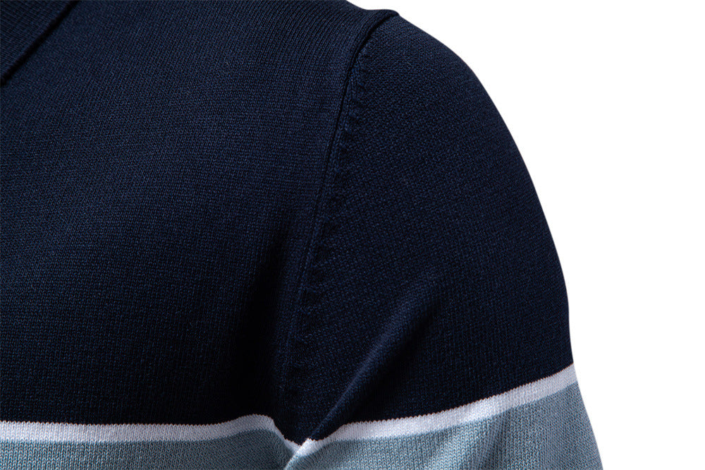 Men's Short-Sleeve Two-Tone Polo Shirt with V-Neck and Ribbed Trim