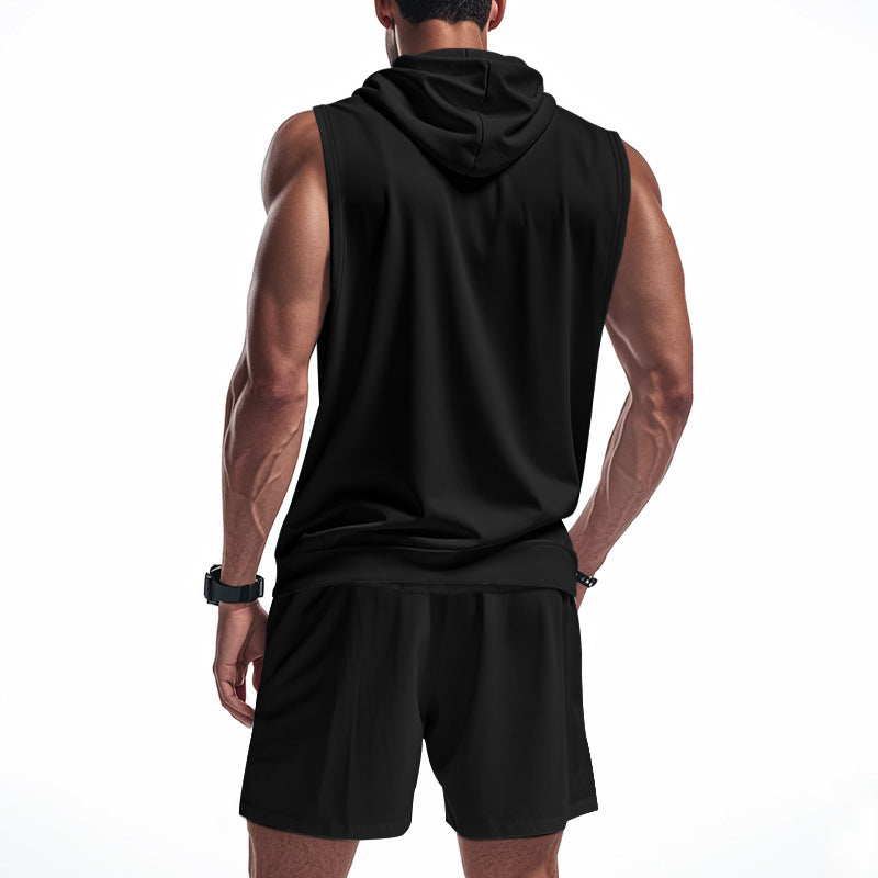 Men's Sleeveless Zipper Hoodie and Shorts Athletic Set